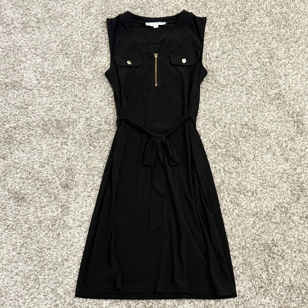 Emma & Michele Black Sleeveless Midi Dress with Gold Zip & Tie Waist